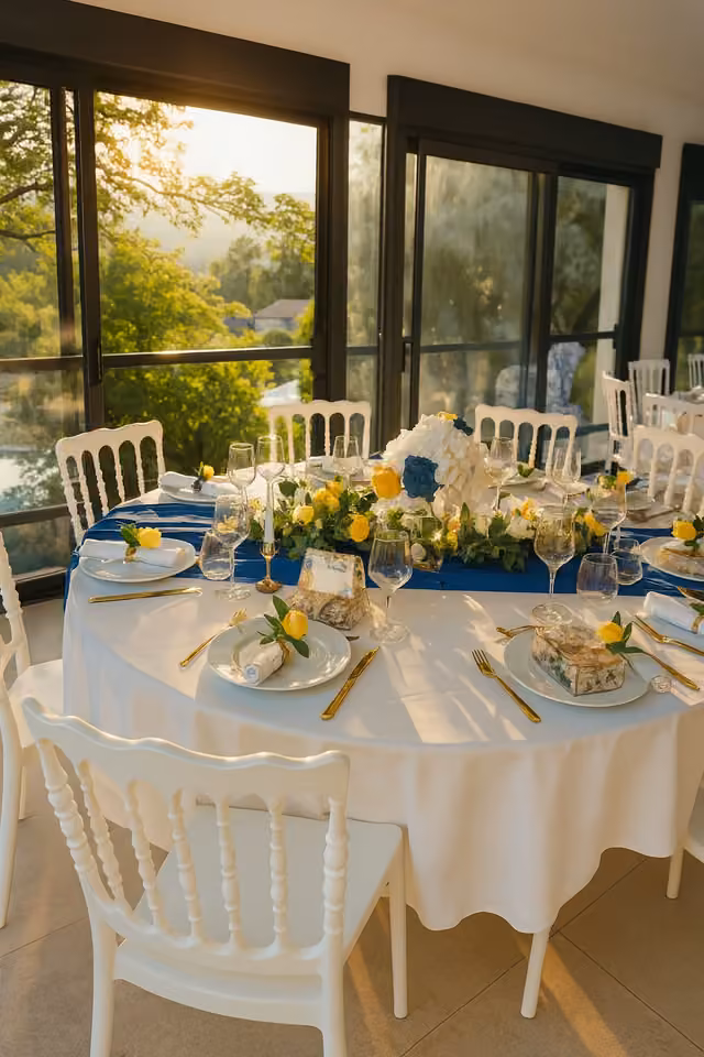 Mesa elegante preparada para una celebración privada en Château de Tournou