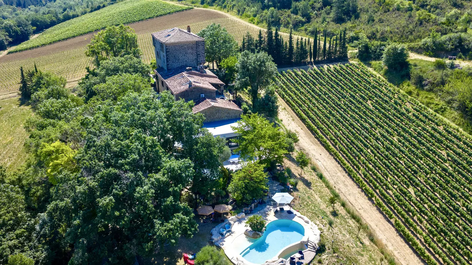 Aerial view of Château de Tournou, its pool and surrounding vineyards